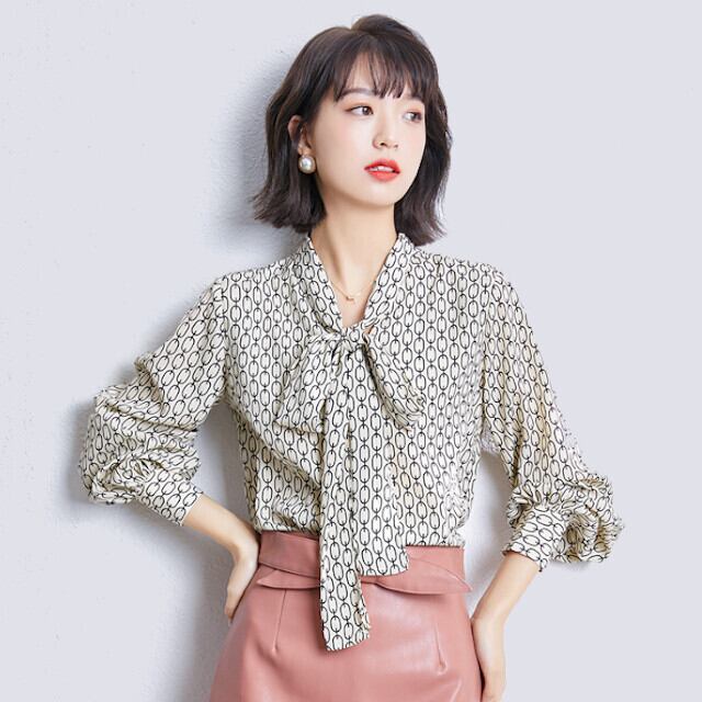 レディース シフォンブラウス レトロ ドット柄 リボン ボウタイ 長袖 アイボリー サイズ展開豊富 S/M/L/XL/2XL