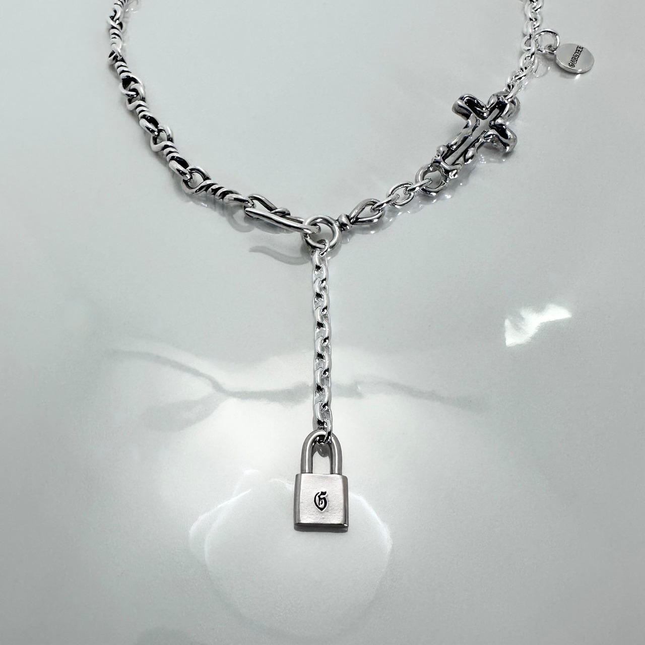 OPEN CROSS & TWIST CHAIN NECKLACE with PADLOCK / オープンクロス＆ツイストチェーンネックレス ウィズパドロック