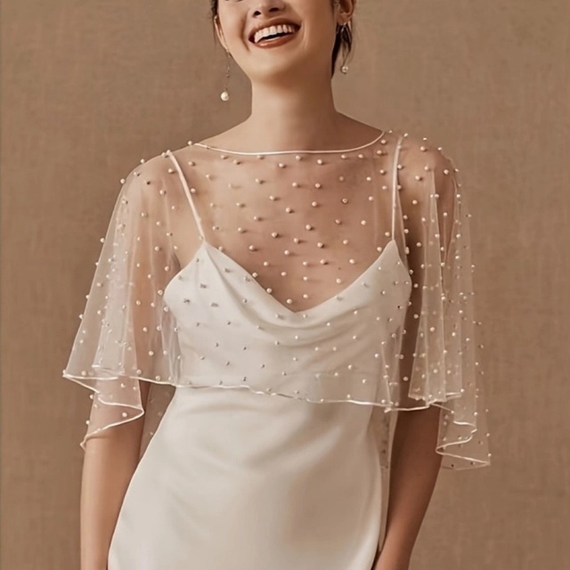 【ウェディングショール】 ウェディングボレロ チュール ホワイト 白 パール 結婚式 小物 ウェディング 結婚式 挙式 フォトウェディング 20代 30代 40代 シンプル 前撮り 後撮り 少人数ウェディング ナチュラル ウェディング レストランウェディング ガーデンウェディング リゾートウェディング カジュアルウェディング  ソロウェディング