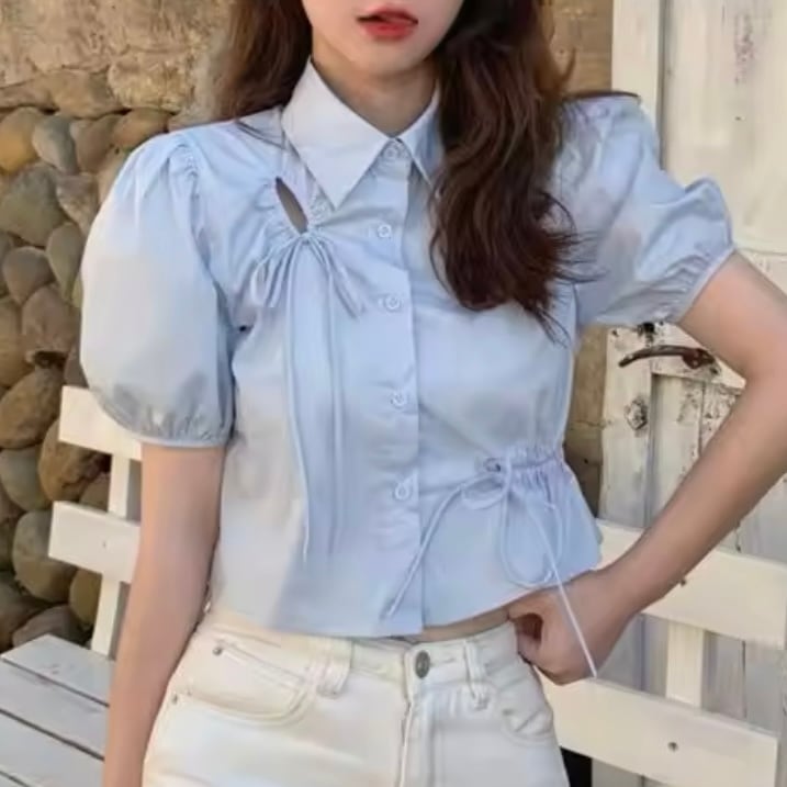 リボンデザインパフスリーブシャツ