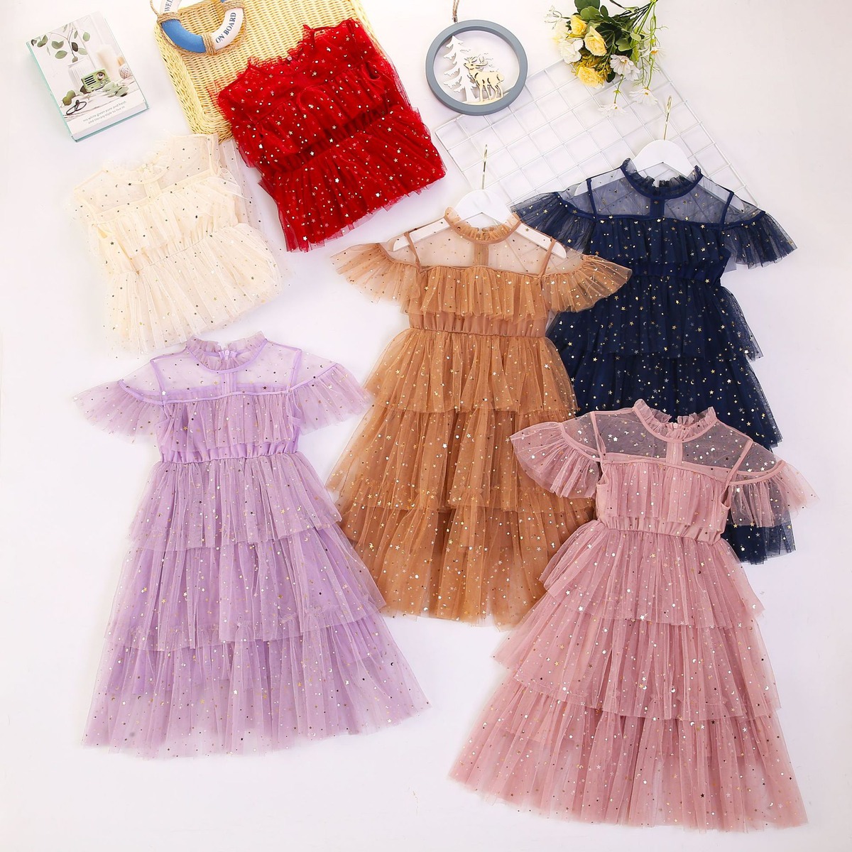 キッズ/子ども服】シフォン チュール スパンコール キラキラ星3段 