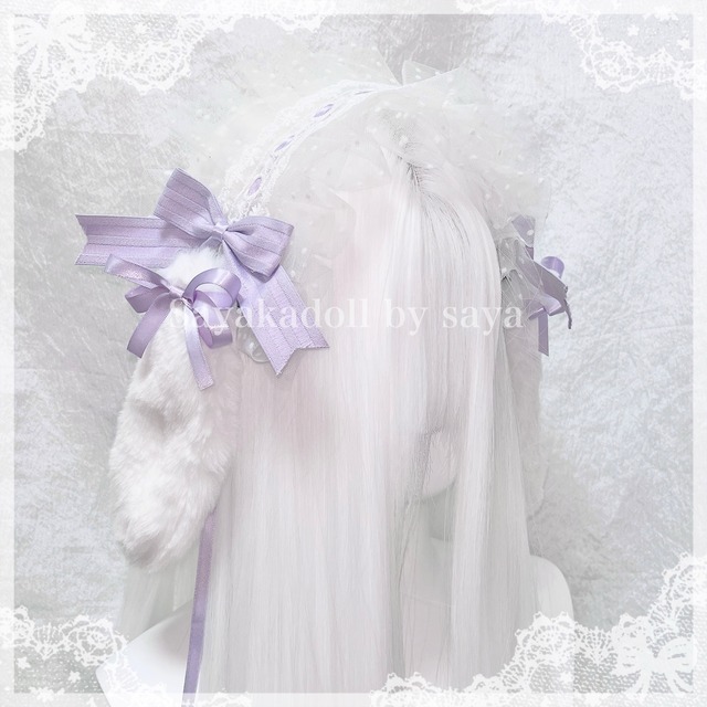 ♡ Lolita うさみみ付き フリルレースダブルリボンヘッドドレス purple ♡