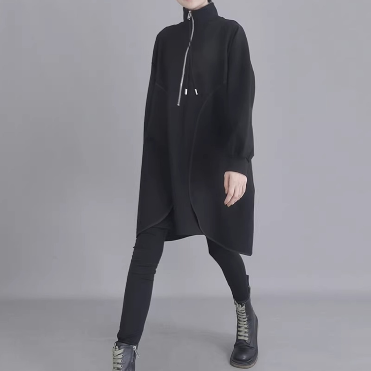 Turtleneck Midi Dress – Black A-Line Loose Fit Casual T-Shirt Dress (ME277)