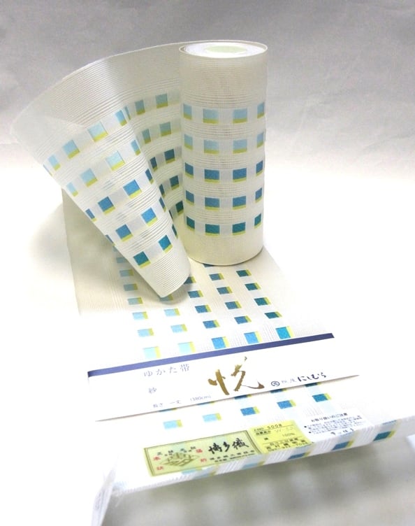 小千谷ちぢみ 【麻 着物】 本場 小千谷縮 水色 格子 【反物】 夏物 本