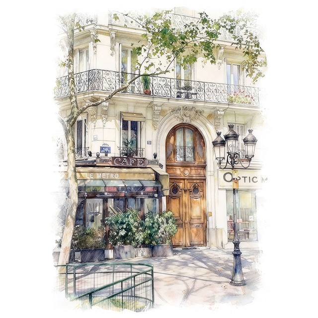 絵画 風景画(街並み) フランス パリのカフェ インテリアアート額付き 水彩画・油絵調 WAT0745