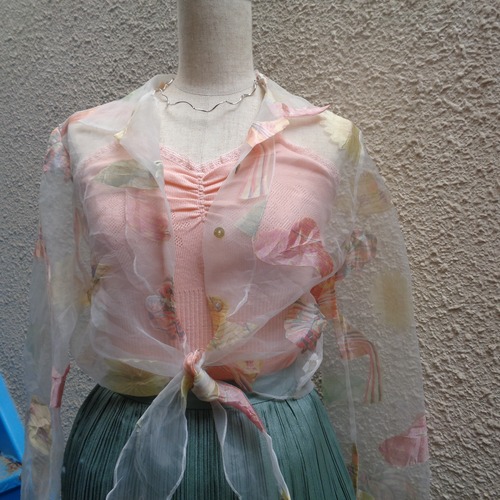 Hat & flower motif organdy blouse／ハット＆フラワーモチーフ オーガンジーブラウス