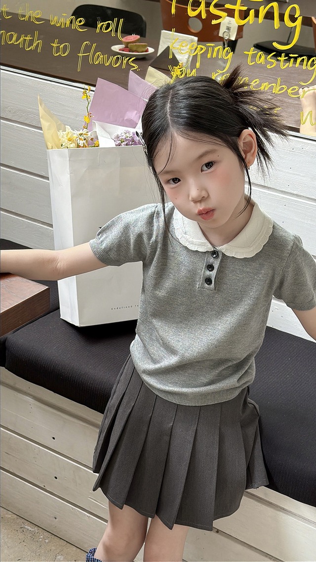 【KID】バイカラー襟付き半袖サマーニットトップス - 18