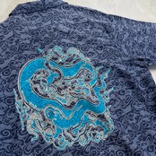 総柄 オープンカラー 開襟 幻獣 龍 半袖シャツ 青 L 古着