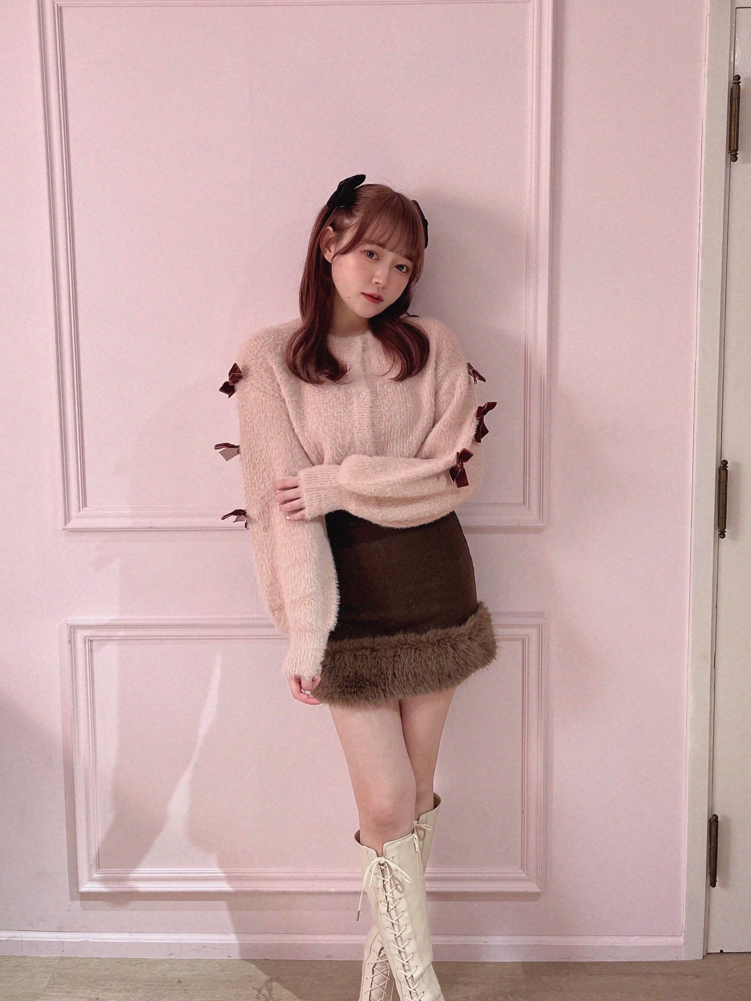 lady fur mini skirt-BROWN