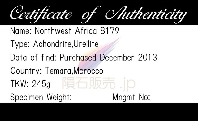 NWA8179 隕石 1.1g ユレイライト エイコンドライト 石質隕石 原石 標本 M2608