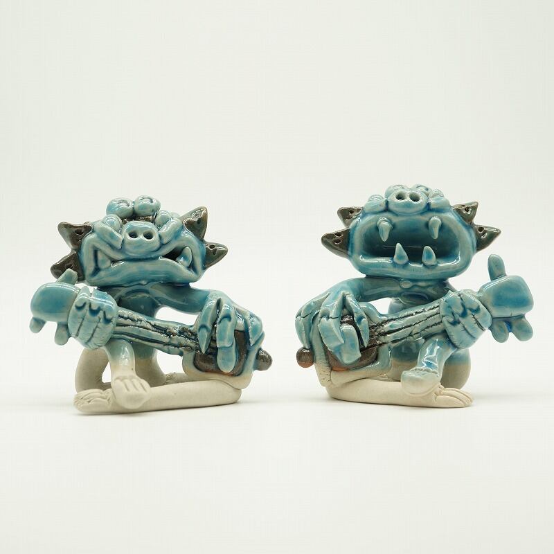 三線シーサー ＜ブルー／茶＞【玉城焼】 | 沖縄の工芸品 うぃーりきさん