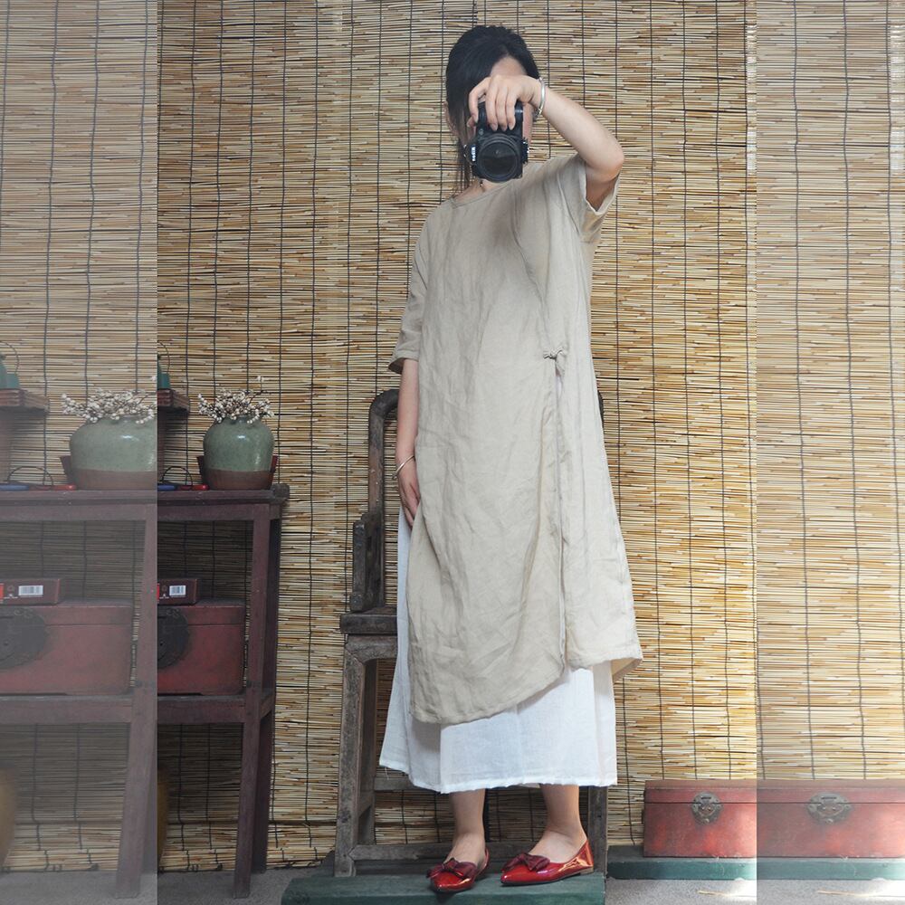 スタンダードボタンラウンドネック半袖スリーブロングスカート ショート レトロ ハーフスリーブ Oネック Yiranxuaディースワード47319881114