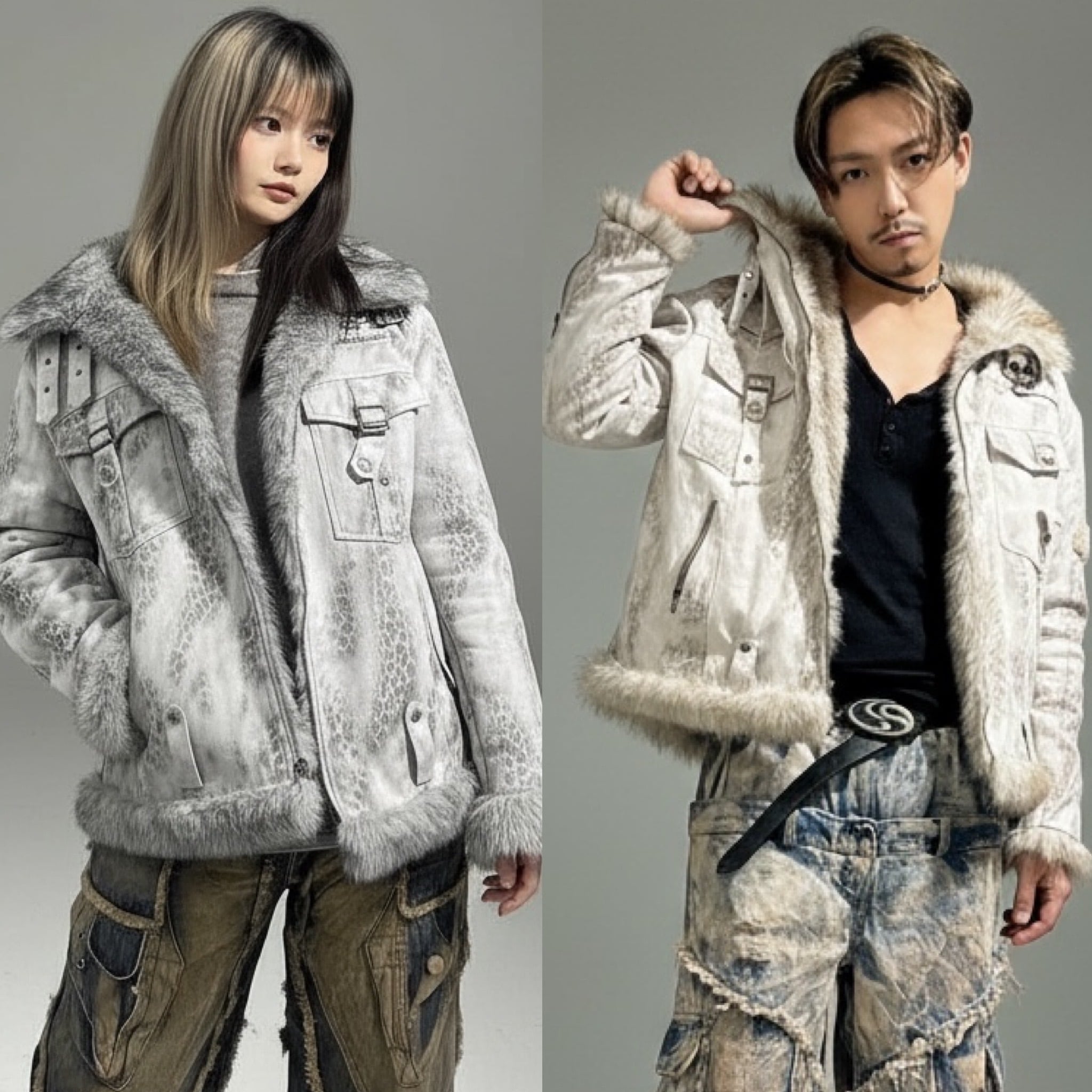 クロップドレザーファージャケット ストリート Y2K | 韓国系ユニ