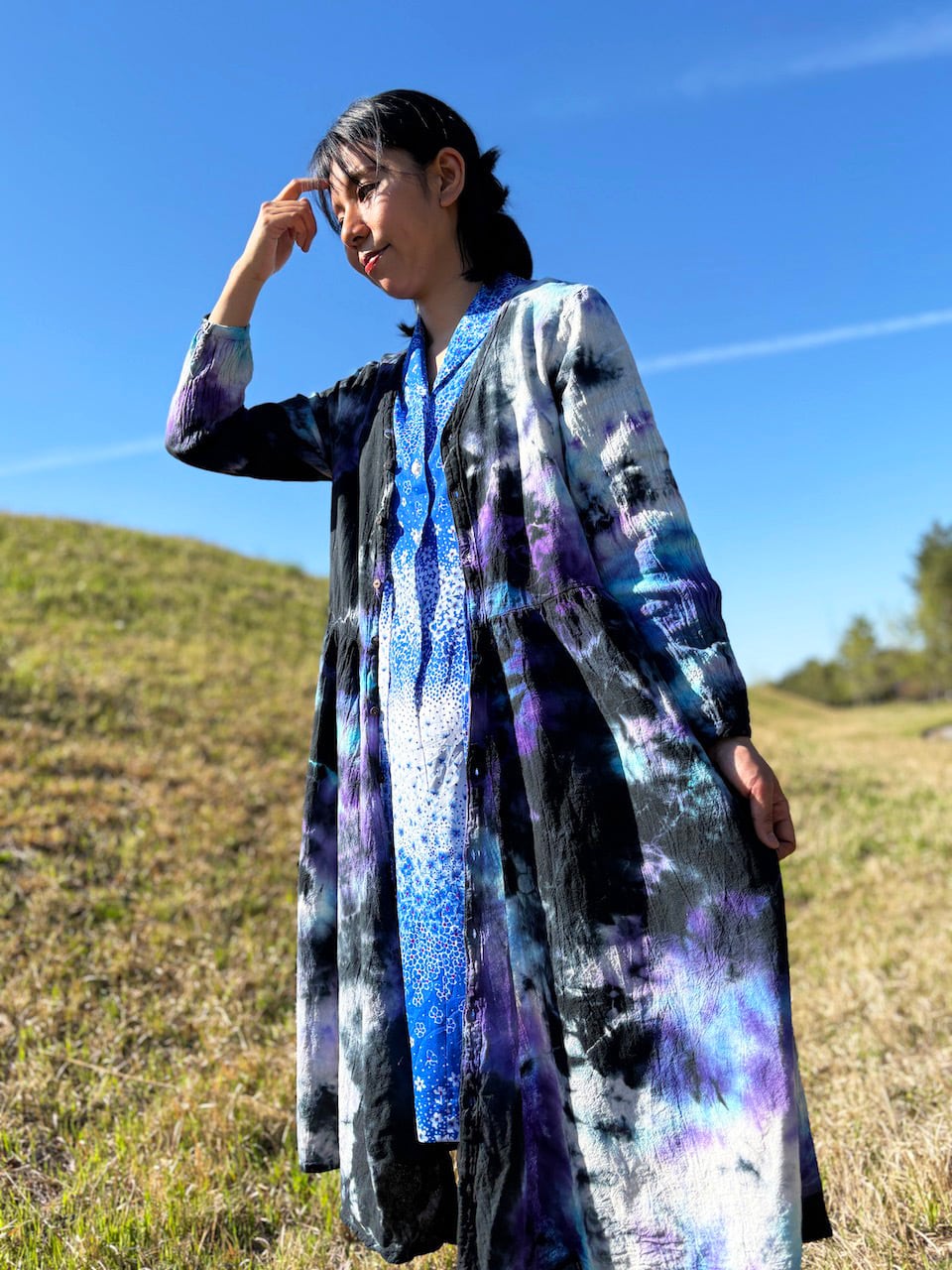 タイダイ Tie-dye 前開きロングワンピース ブラック×パープル×ブルー