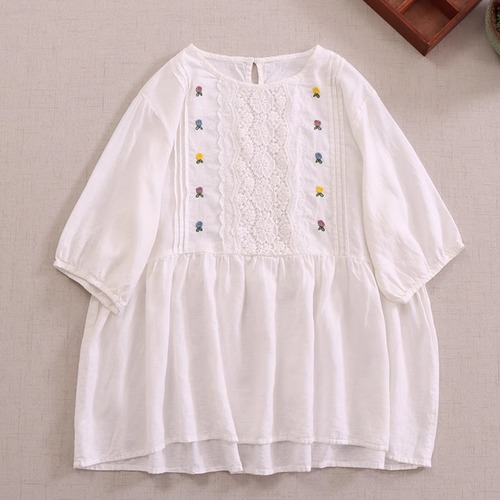 サイドカラフル刺繍ピンタックブラウス ・7863