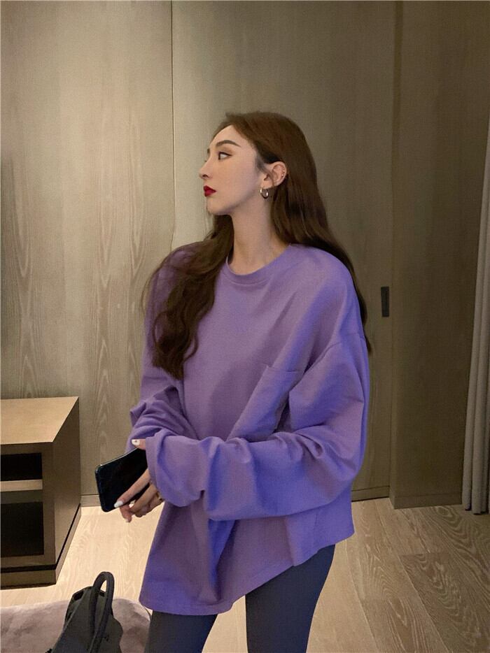 ルーズワイルド長袖Tシャツレディース秋のラウンドネックレイジースタイルインタイドロングホワイトトップのバージョン ブラックストロベリース95585679091