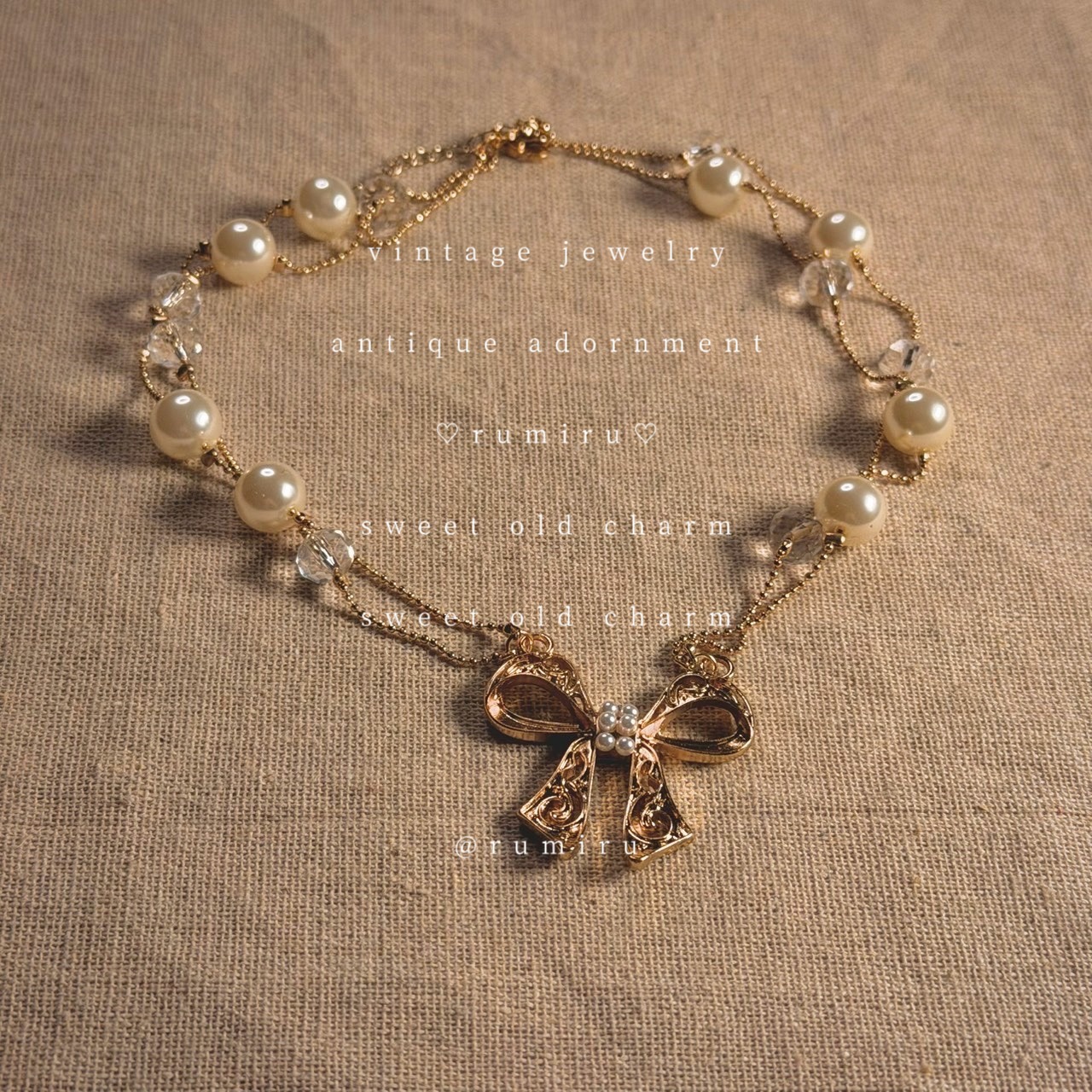 ハンドメイド ヴィンテージ 蝶々と真珠 リボン ネックレス - 2