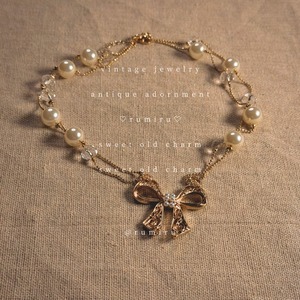 ハンドメイド ヴィンテージ 蝶々と真珠 リボン ネックレス