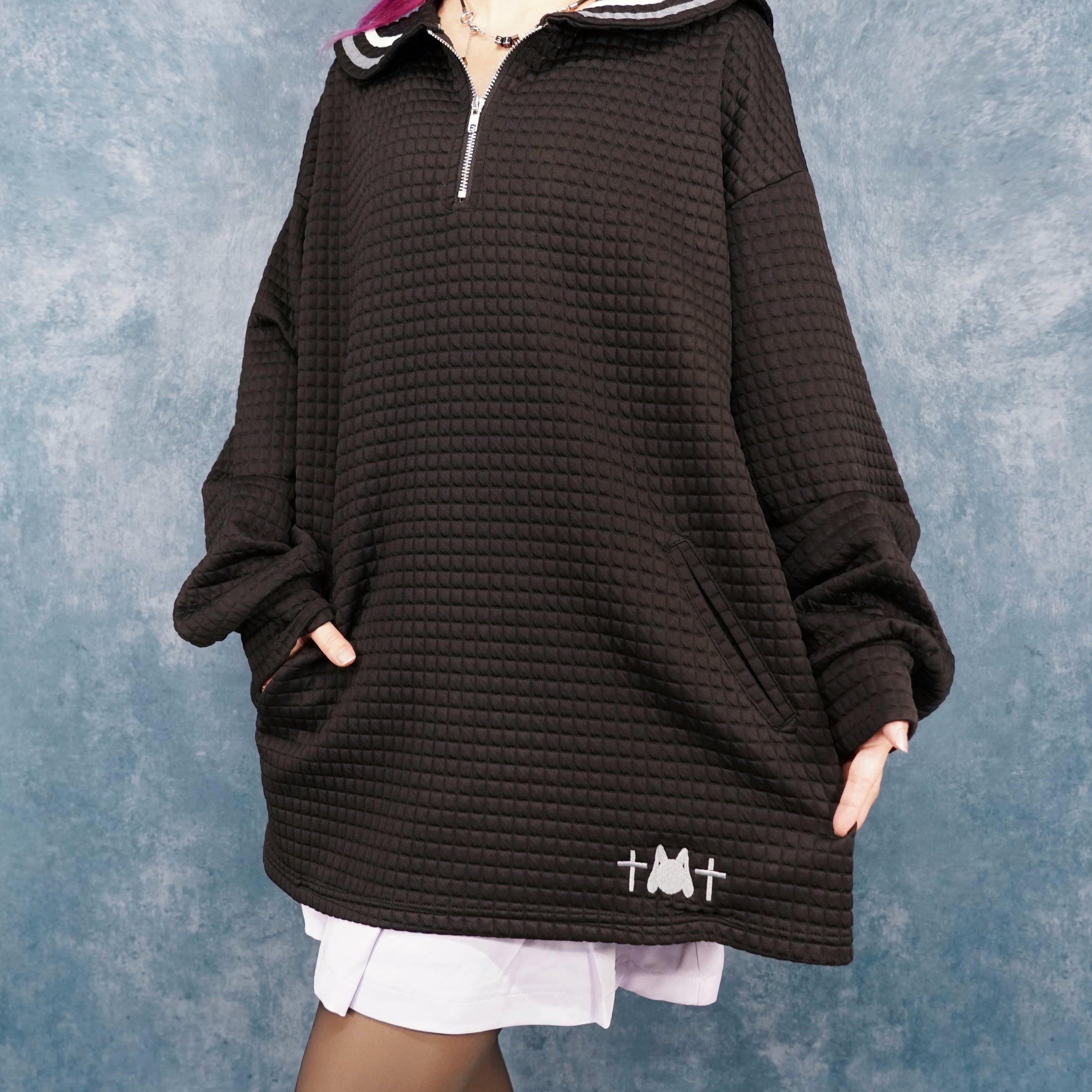 UNISEXセーラー襟ハーフZIPワッフルトップス【BLACK】 | NIER CLOTHING