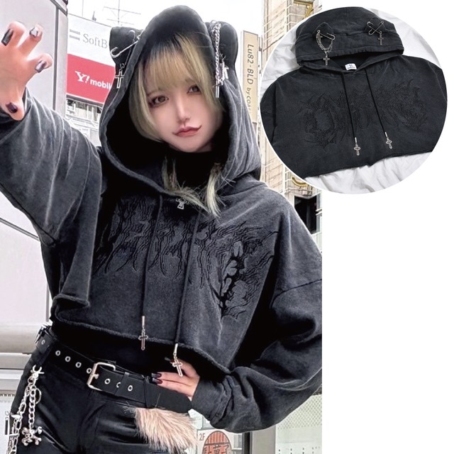 【10/3新着】ネコ耳ピグメントショート丈ZIPパーカー