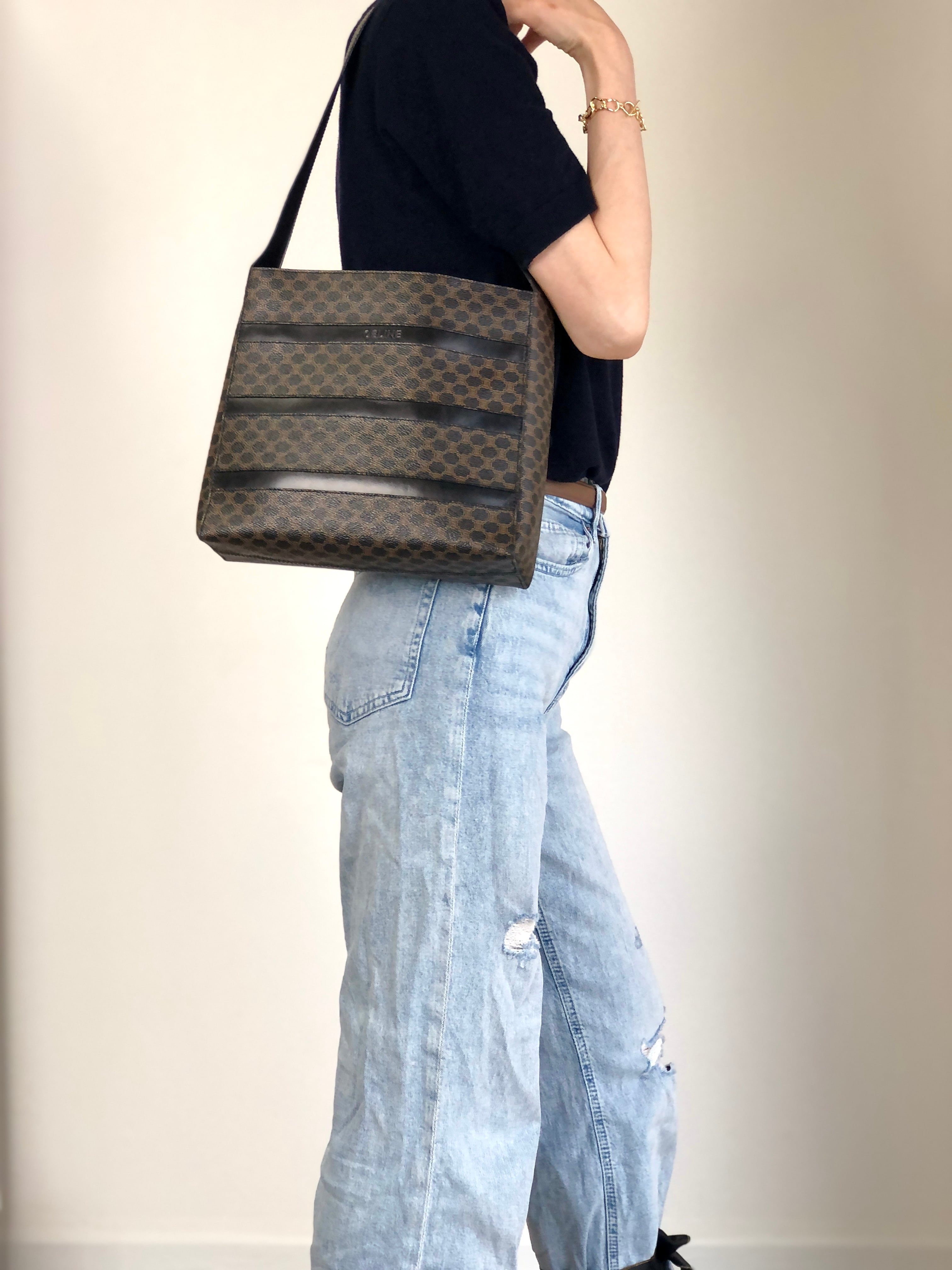 CELINE セリーヌ マカダム ショルダーバッグ ブラック ロゴ ボーダー PVC レザー vintage ヴィンテージ オールド t43kf8