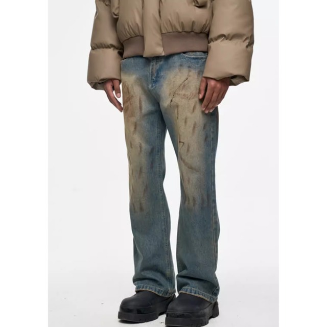 【DRIP4525】D/B Mud Damaged Straight Denim