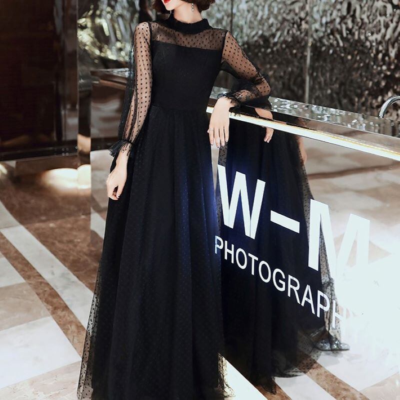 パーティードレス 結婚式 二次会 ワンピース レディース パーティードレス ロング丈 ワンピースドレス ロング 長袖 結婚式 お呼ばれドレス パーティー ロングドレス 演奏会 演奏会用 ロングドレス シースルー おしゃれ 上品 きれいめ エレガント 黒 ブラック P8106