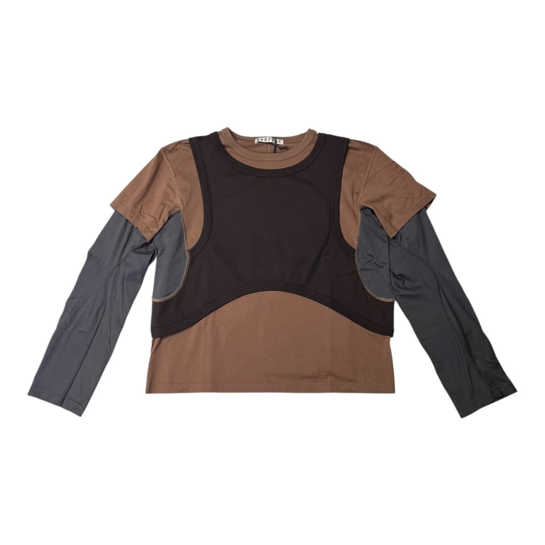 【NVRFRGT】PANELLED MULTI LAYERD T-SHIRT(BROWN)〈国内送料無料〉