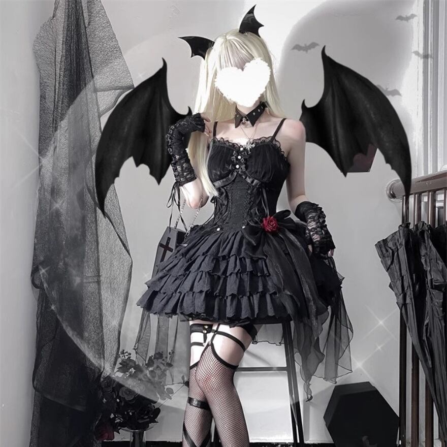 サブカル 服 地雷系 通販 ジャンパースカート ホワイトロリータ ゴシック レースアップ 闇かわいいバンギャ