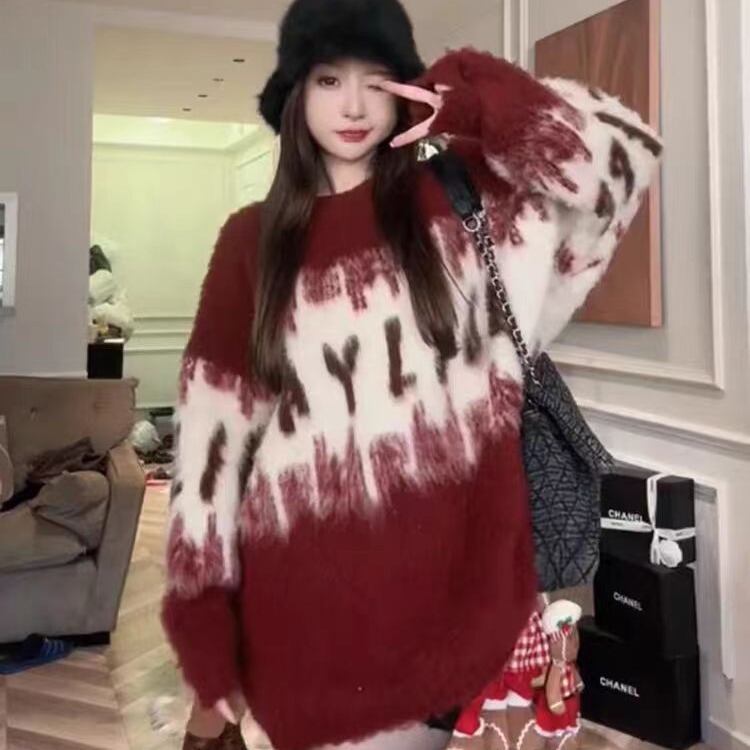 【新作】【送料無料】 韓国スタイルの甘い年齢を減らす赤いクリスマスニットセーター秋と冬の対照的な色のラウンドネック怠惰なセーターニットトップ 0359370574850