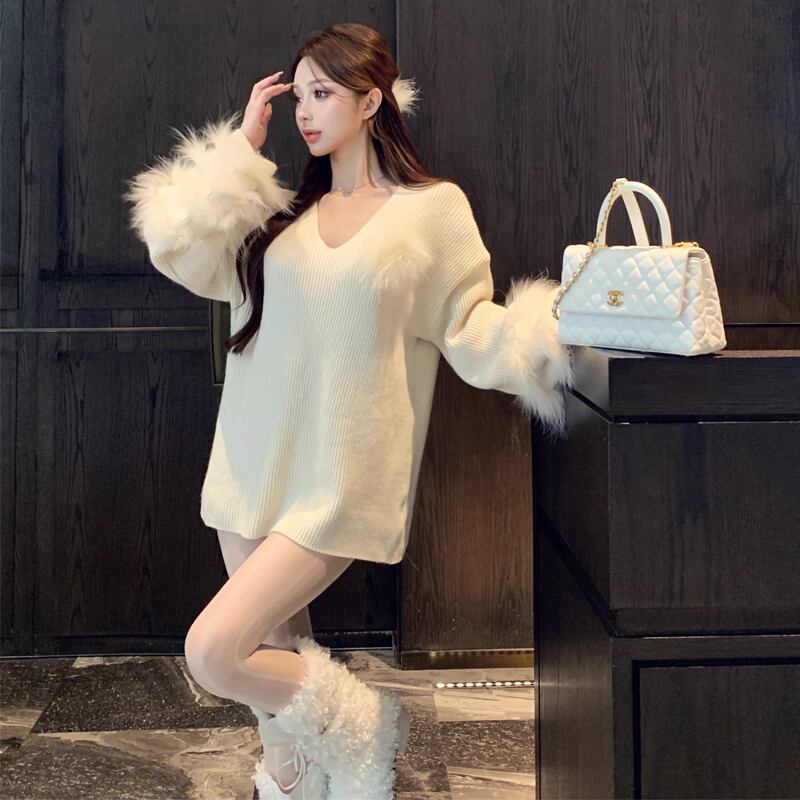 【tops】ファー付きニットトップス Q6654