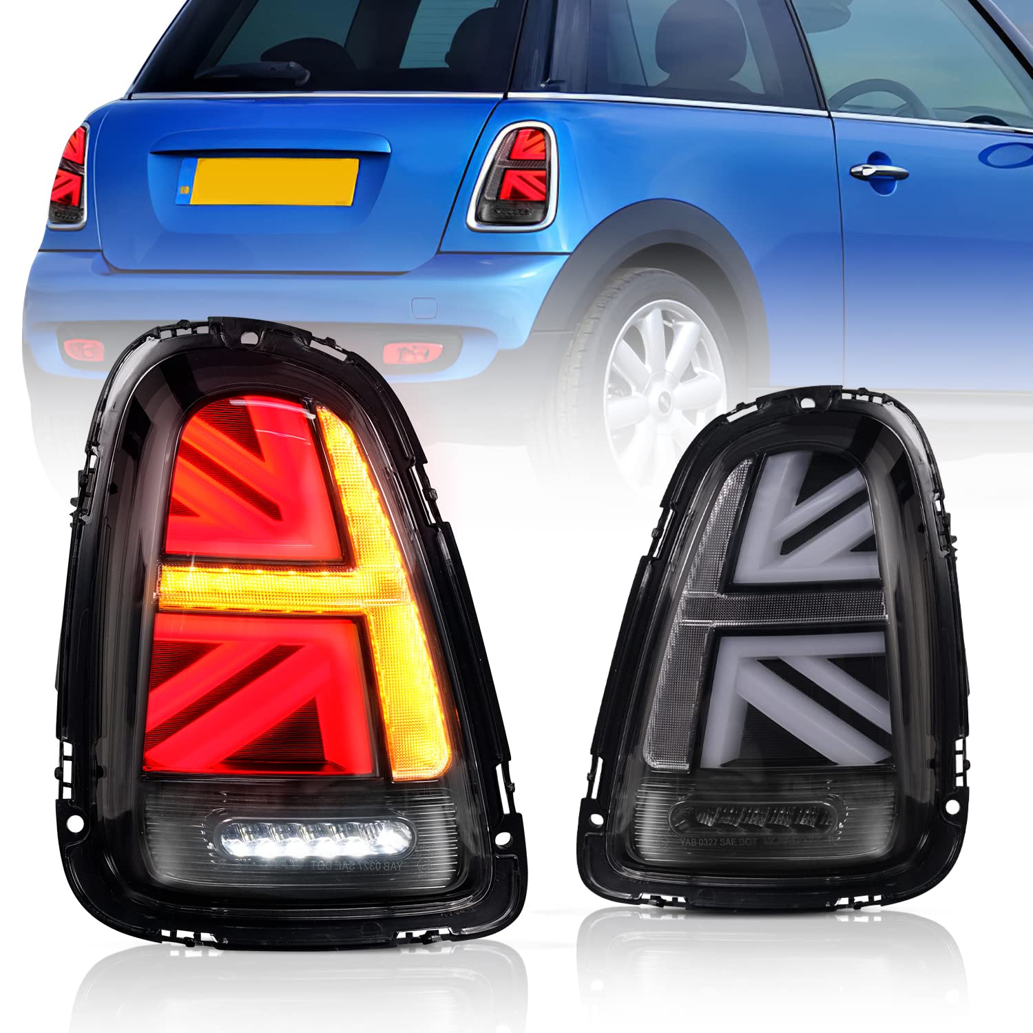 Archaic BMWミニ R56 R57 R58 R59 テールランプ テールライト 前期後期汎用 流れるウインカー ユニオンジャックデザイン 全LED 純正交換用 左右2点セット カラー:クリアー(2007年 - 2013年)