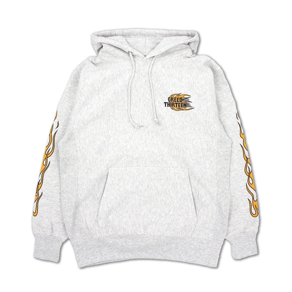 GREED13 Flames HEAVY PULLOVER HOODIE gray | DOG HOUSE GARAGE