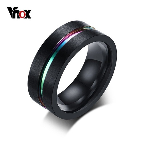 【送料無料】 メンズ リング 指輪 8mm ブラック ステンレス 薄い レインボー ライン バンド 40000856