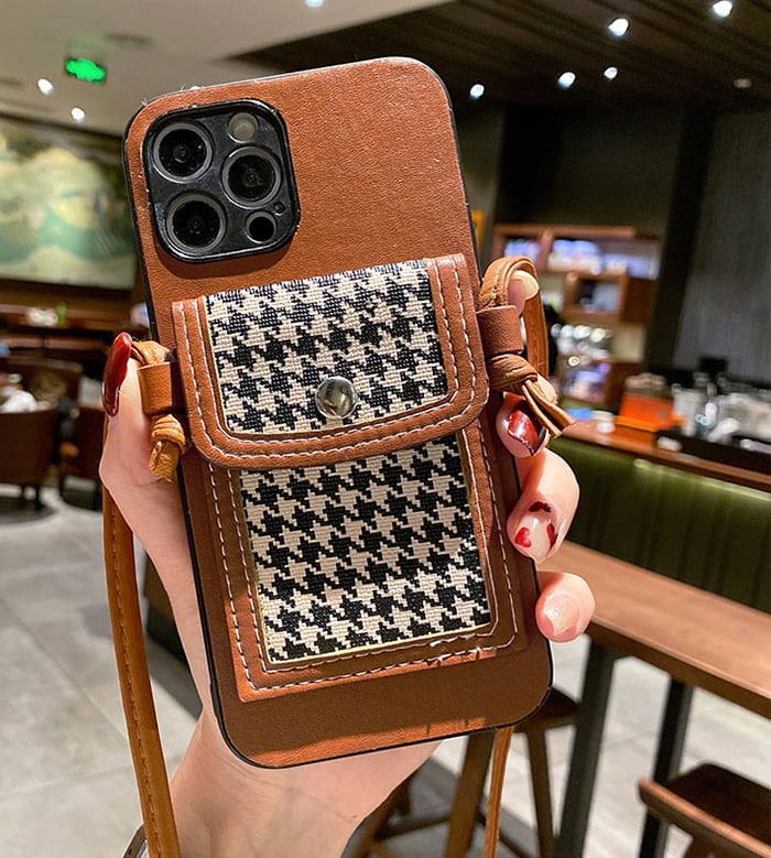 チェーンストラップ付き iPhoneケース カード収納 千鳥格子 二色