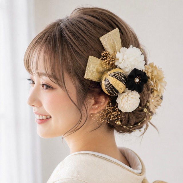 A513  AB ドライフラワー　髪飾り　黒ゴールド　卒業式　袴　成人式　振袖　結婚式　和装 AB