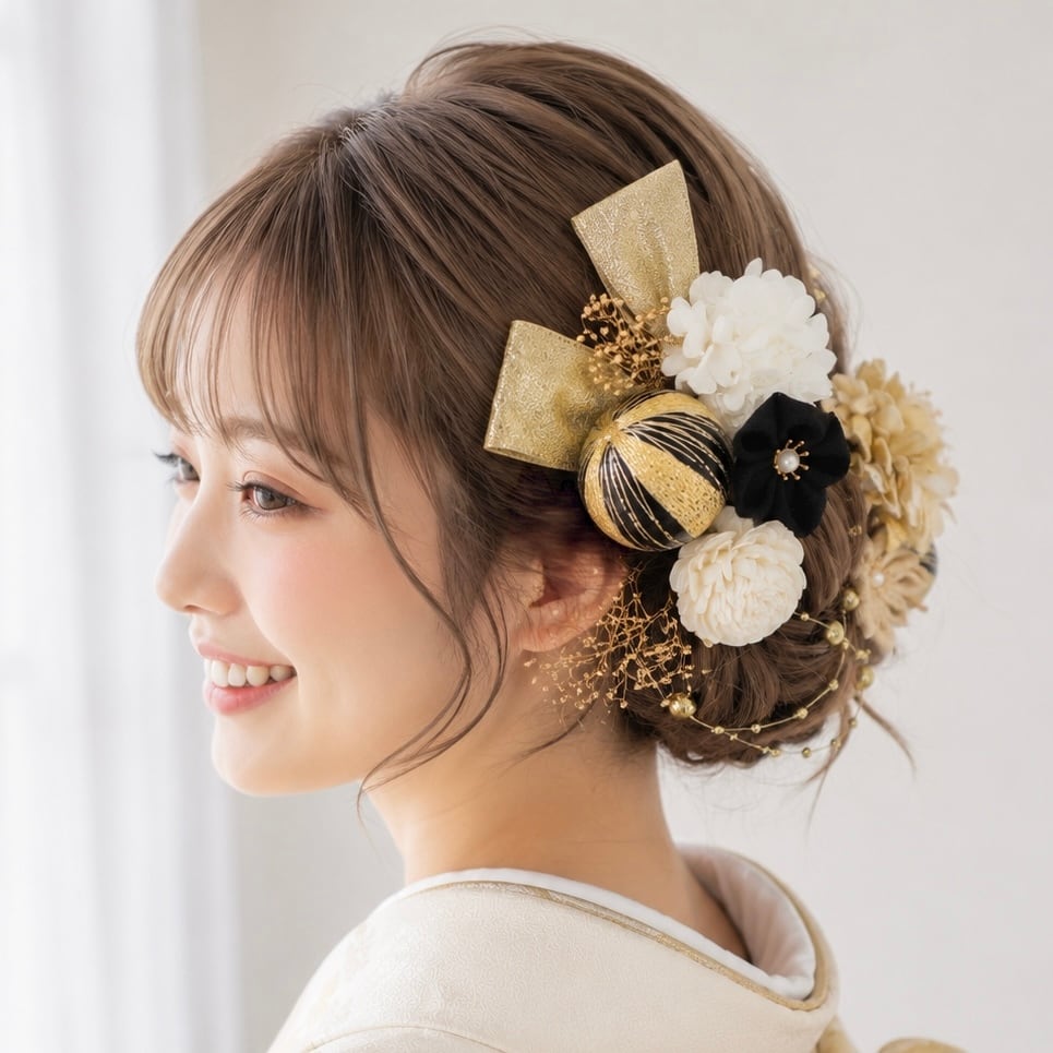 A513 AB ドライフラワー 髪飾り 黒ゴールド 卒業式 袴 成人式 振袖 結婚式 和装 AB