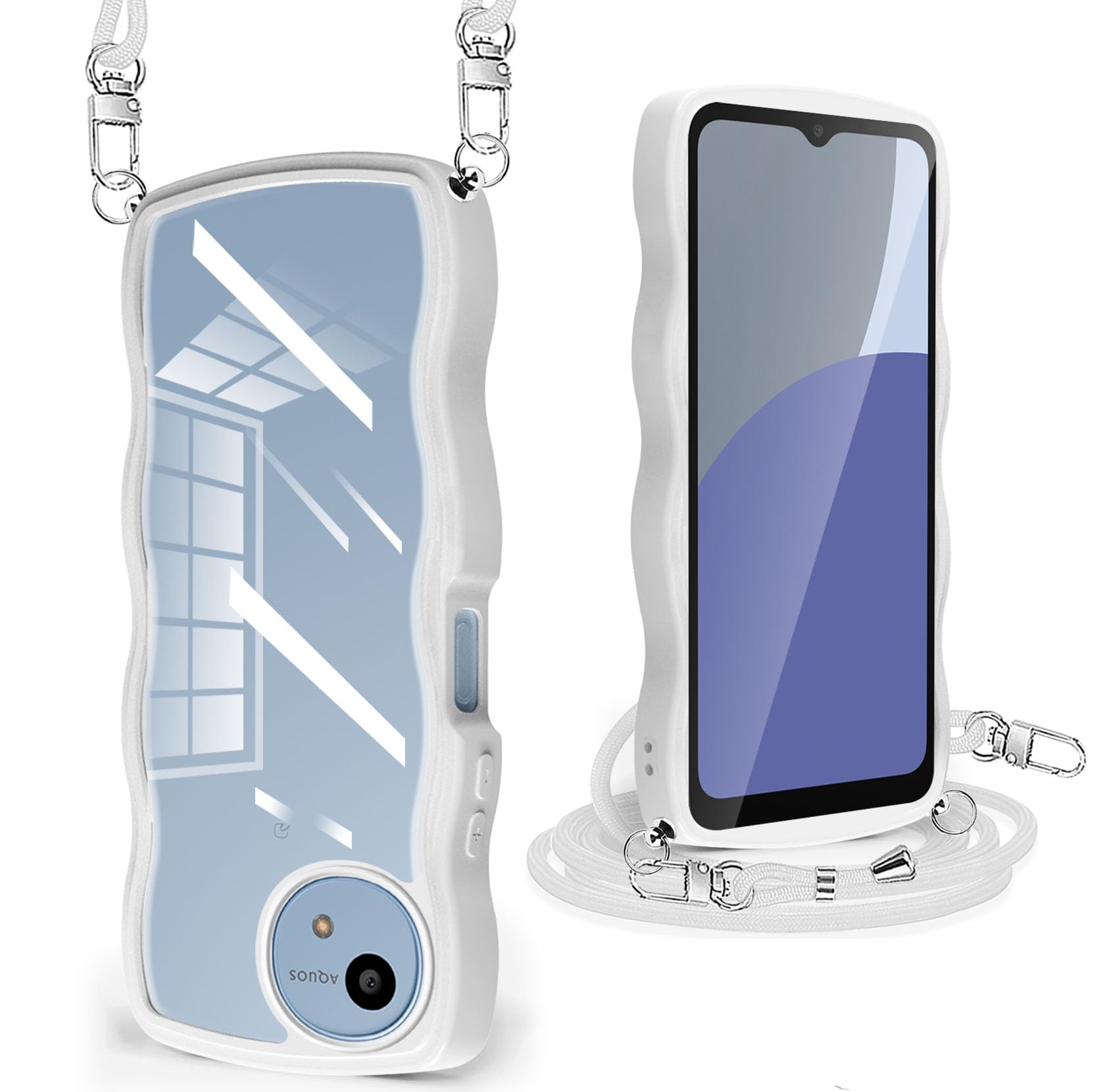 AQUOS Wish4 ケース クリア ショルダー ストラップ付き Aquos Wish 4 SH-52E ケース カバー かわいい 波状フレーム 人気 耐衝撃 透明 アクオス Wish4 スマホケース 首かけ 肩掛け TPU 薄型 軽量 ワイヤレス充電対応(ホワイト)
