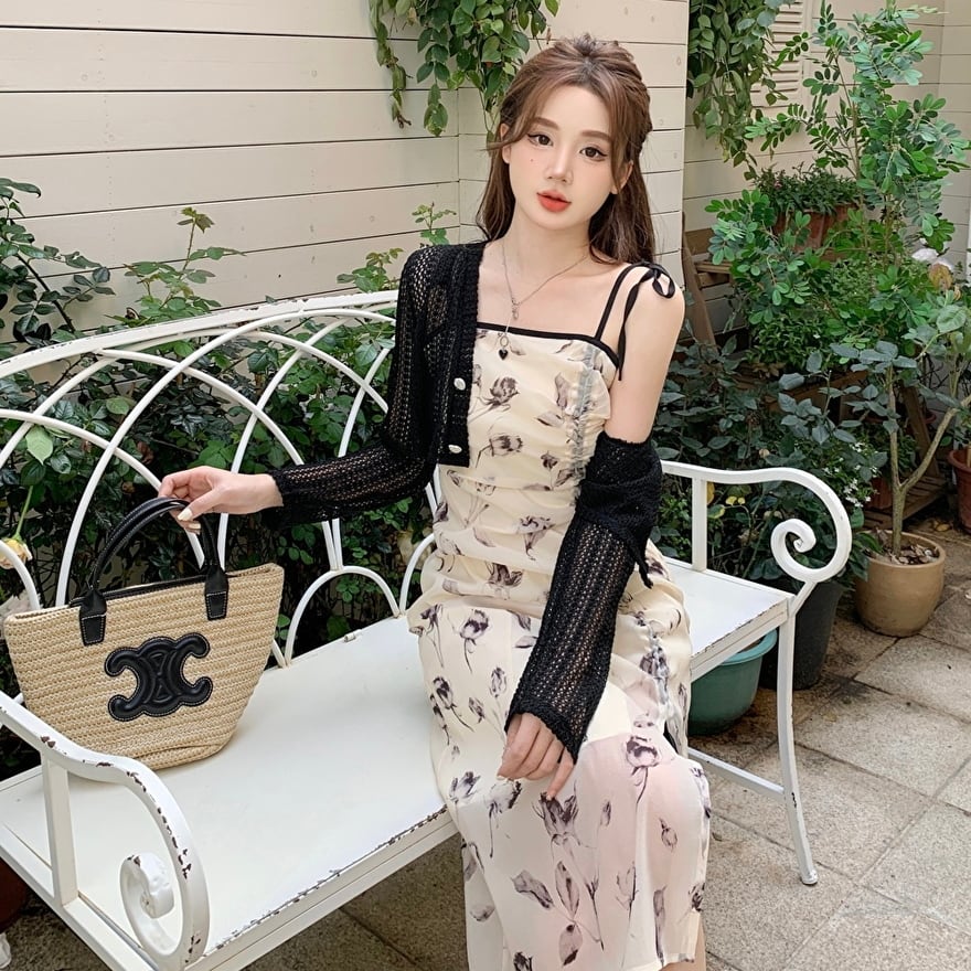ツーピース カーディガン ワンピース ノースリーブ レース 花柄 巾着