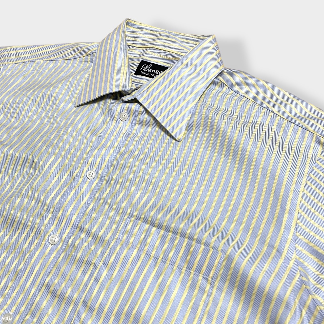 【Bernard】USA製 ビッグサイズ ストライプシャツ 長袖シャツ コットン 刺繍ロゴ ライトイエロー ライトブルー バーナード US古着