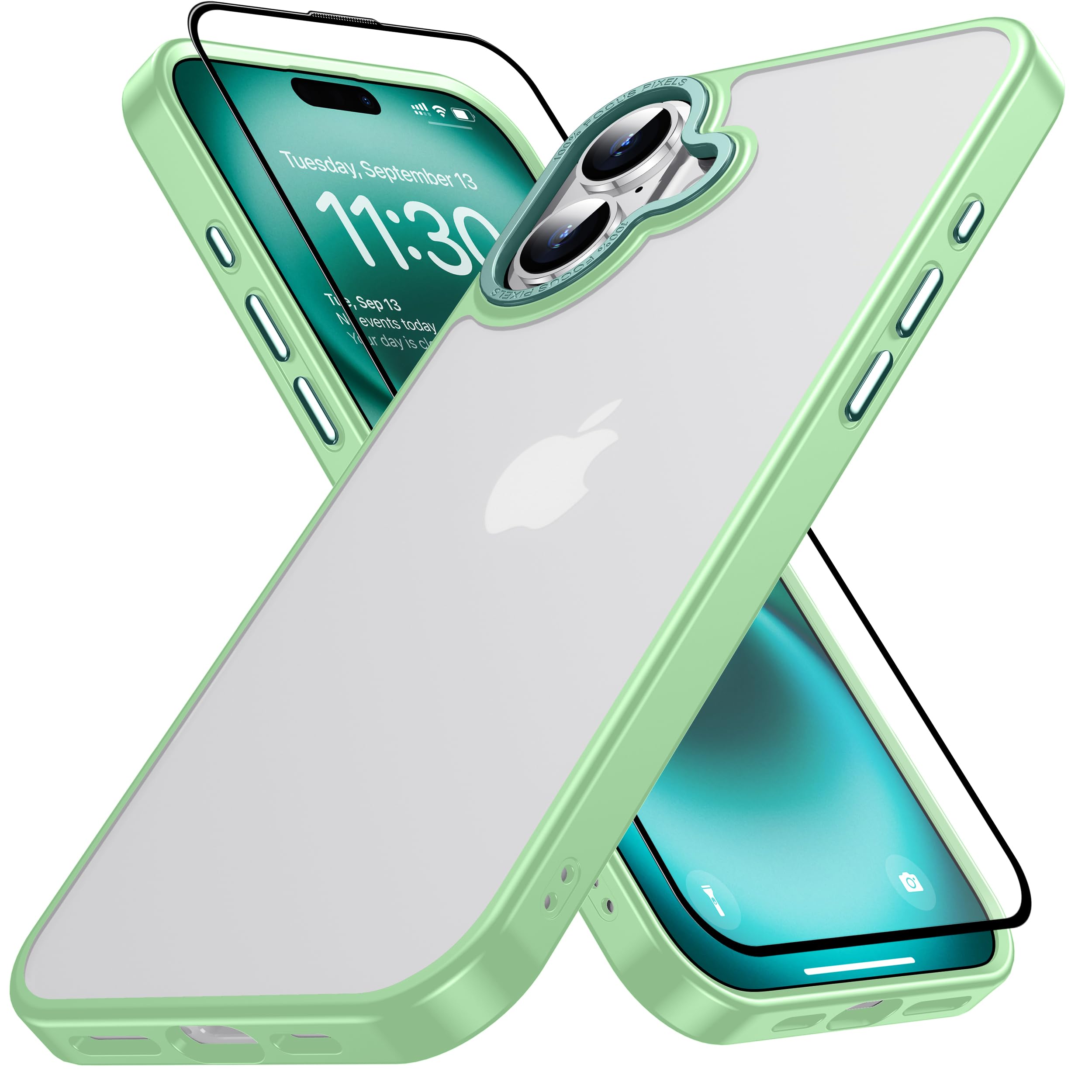 iphone 16 用 ケース 半透明 ガラスフィルム付き アイフォン16用 ケース 耐衝撃 米軍MIL規格 アイホン16用 グリーン マット感
