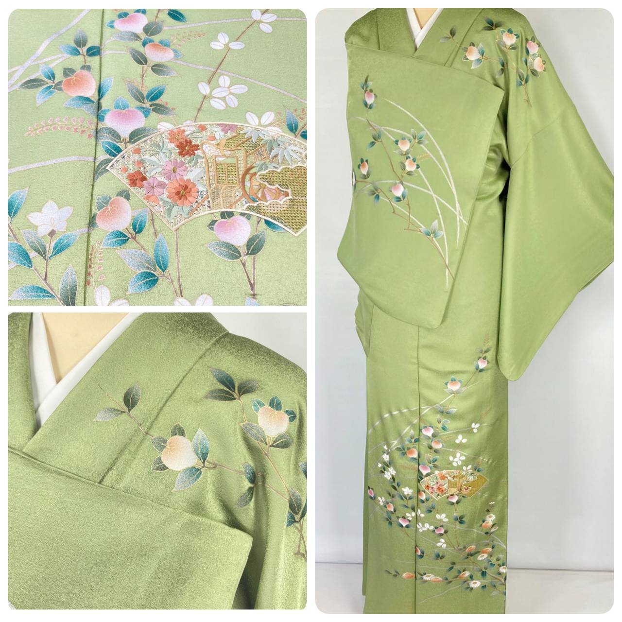 汕頭刺繍 金彩友禅 美品 花柄 秋草 菊 橘 スワトウ 訪問着 正絹 黄緑 1061 | kimono Re:和 [online store]  キモノリワ 着物 帯