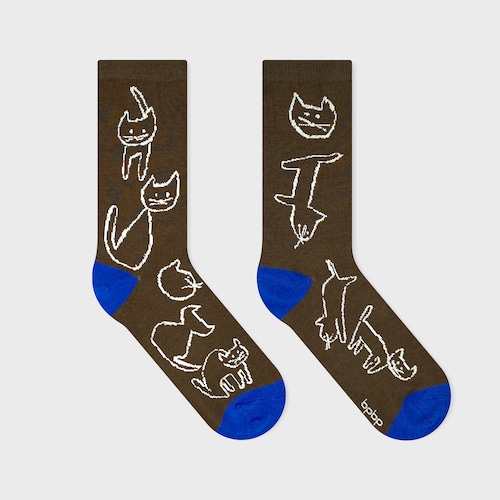 【JIN KITAMURA】北村人 SOCKS SENGA NEKO BROWN 線画のねこ -ブラウン- ソックス