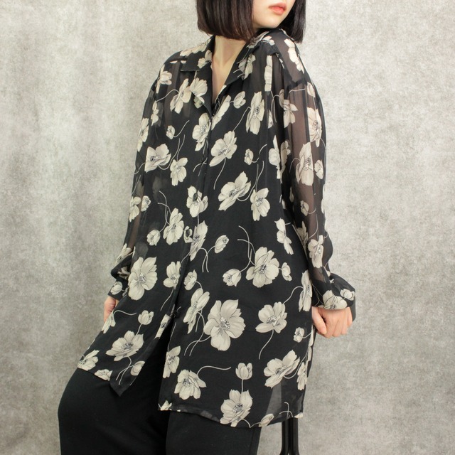 black & white flower motif see-through design shirt