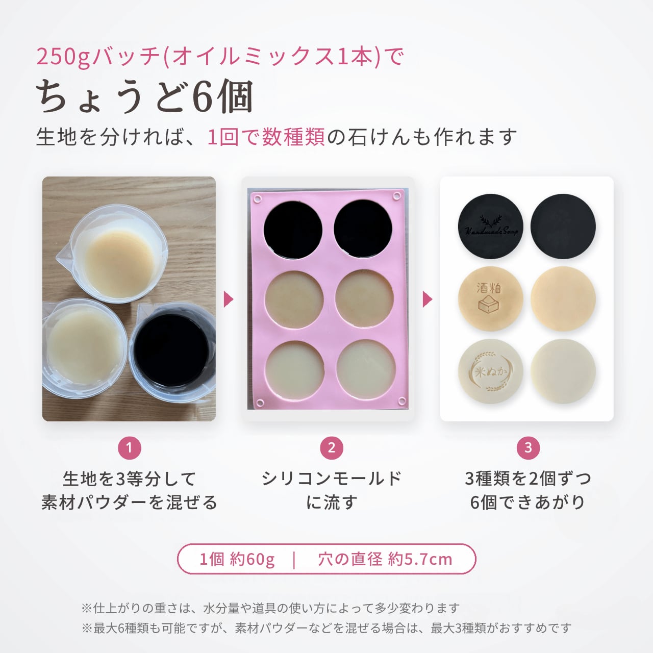 【送料無料】石けんモールド 丸型 6個取り / 3カラー