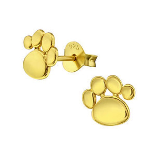 【送料無料】スターリングシルバープリントゴールドスタッドイヤリングsterling silver 925 dog  cat paw print gold stud earrings