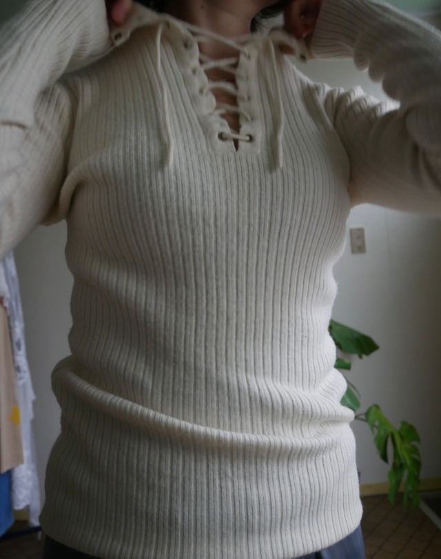70s-80s Lace-Up High Neck Rib Knit
