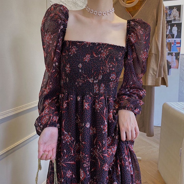 Square neck chiffon floral dress