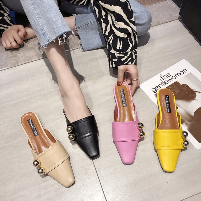 2020年春に新しい厚いヒール包頭ハーフスリッパ女性のファッション摩耗ネット赤ミュラー靴レトロ英国スタイルの正方形の頭 部族の婦人靴9613483