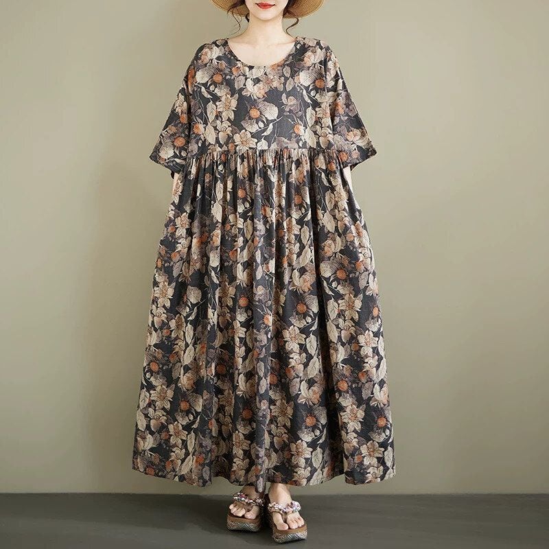 BOTANICAL PRINT BOAT NECK 3/4 SLEEVES MAXI PULLOVER DRESS 1color M-16419